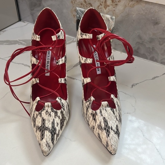 Manolo Blahnik Sz 39 Rogustta Snakeskin Leather Pumps W Red Leather Ties - New - Picture 3 of 10